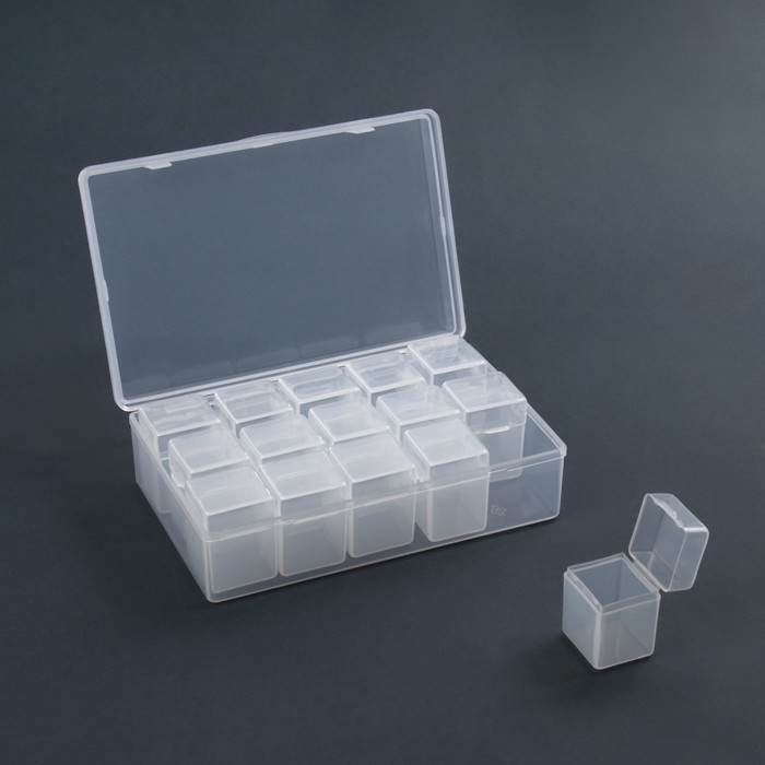 Набор баночек для декора, 15 шт, в органайзере, 9 мл, 13,5 &times; 8,5 &times; 4 см, цвет прозрачный