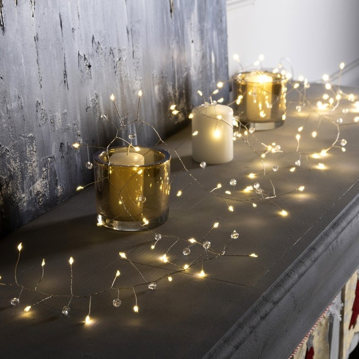 Гирлянда &laquo;Мишура&raquo; 2 м роса с насадками &laquo;Бусины&raquo;, IP20, серебристая нить, 100 LED, батарейки ААх3 (нет в комплекте), свечение тёплое белое