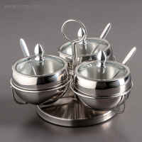 Набор сахарниц из нержавеющей стали, 340 мл, 19&times;14 см, на крутящейся подставке с ложками, 3 шт