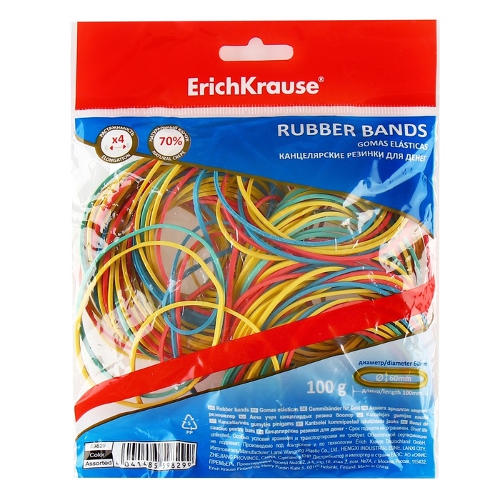 Банковская резинка, 100 г, ErichKrause, диаметр 60 мм, длина 100 мм, пакет с европодвесом, микс Банковская резинка, 100 г, ErichKrause, диаметр 60 мм, длина 100 мм, пакет с европодвесом, микс