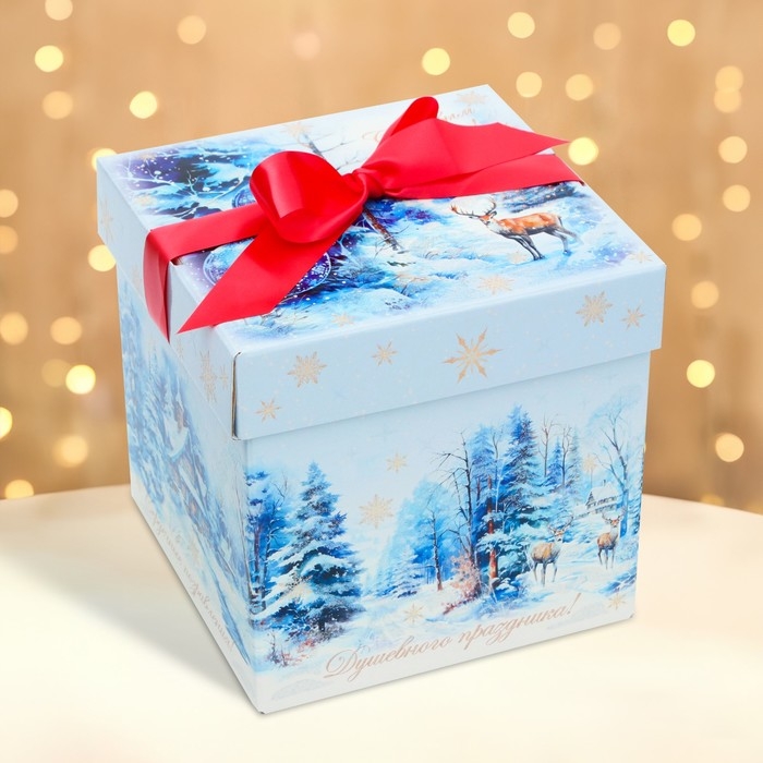 Новый год. Подарочная коробка Новогодняя Коробка крышка-дно Новый год. Подарочная коробка Новогодняя Коробка крышка-дно "Мечта" с атласной лентой 17 х 17 х 17 см.