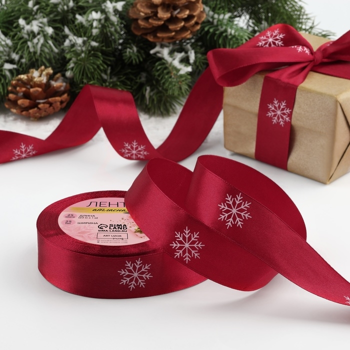 Новый год! Лента атласная &laquo;Снежинки&raquo;, 25 мм, 23 &plusmn; 1 м, цвет красный/белый №033