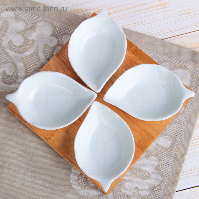 Набор салатников керамических на деревянной подставке &laquo;Эстет. Лист&raquo;, 4 предмета: 50 мл, цвет белый