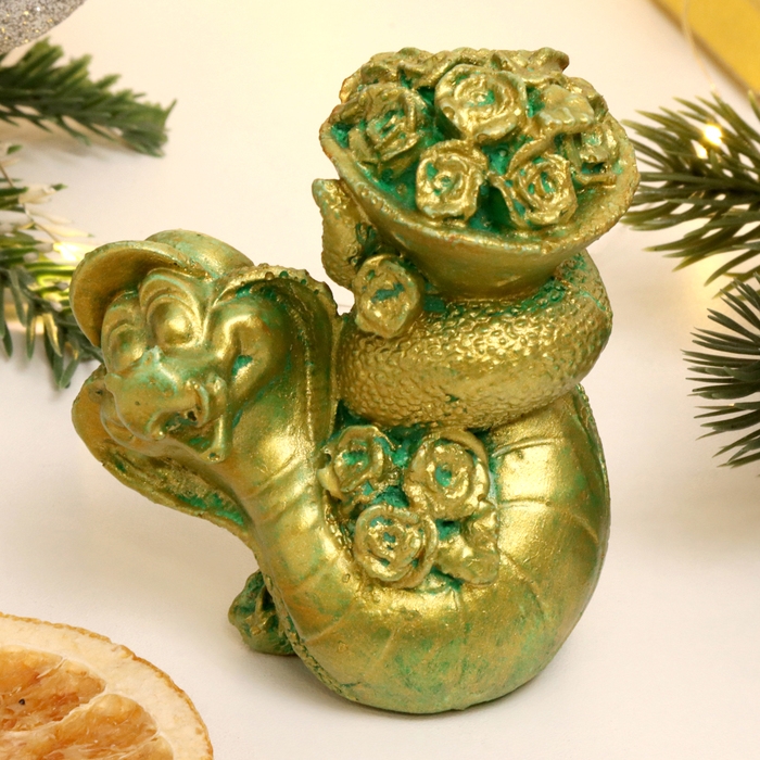 Новый год. Символ 2025. Фигура "Змея с цветами" зеленый с позолотой, 7х7х5см