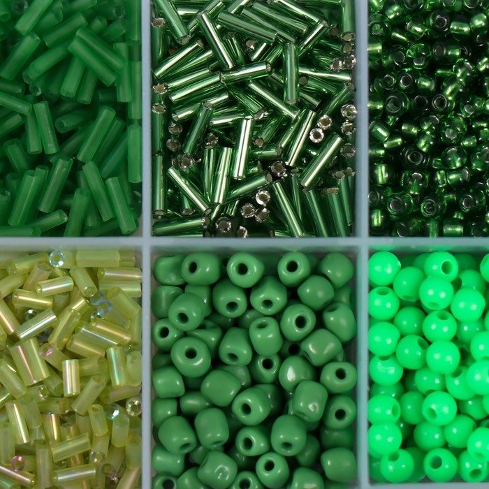 Бисер стекло 2/0, 6/0, 8/0, 12/0 в шкатулке Бисер стекло 2/0, 6/0, 8/0, 12/0 в шкатулке "Зелёный" стеклярус 12,5х6,5х2 см