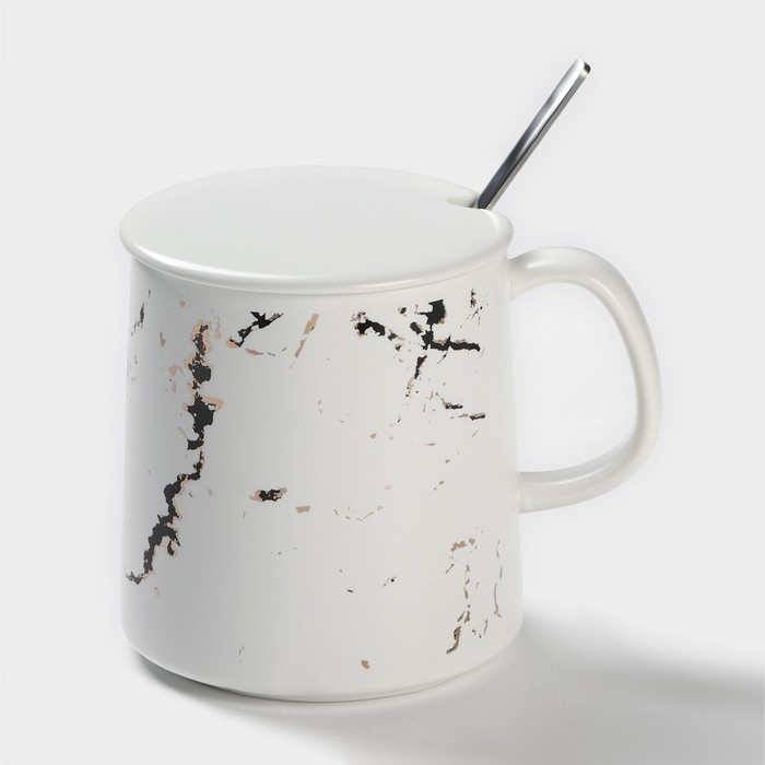 Кружка керамическая с ложкой &laquo;Белый мрамор&raquo;, 350 мл, цвет белый
