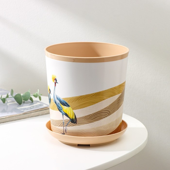 Горшок для цветов с поддоном Доляна &laquo;Каракум. Венценосный журавль&raquo;, 1,6 л, d=14 см, h=15,5 см, цвет бежевый