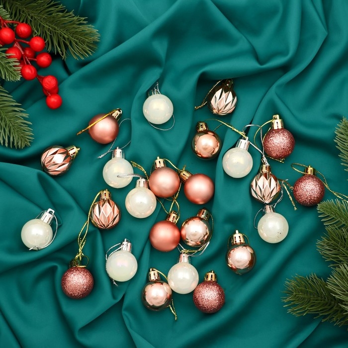 Набор шаров пластик d-3 см, 24 шт "Мелодия" грани блеск, белый розовое золото