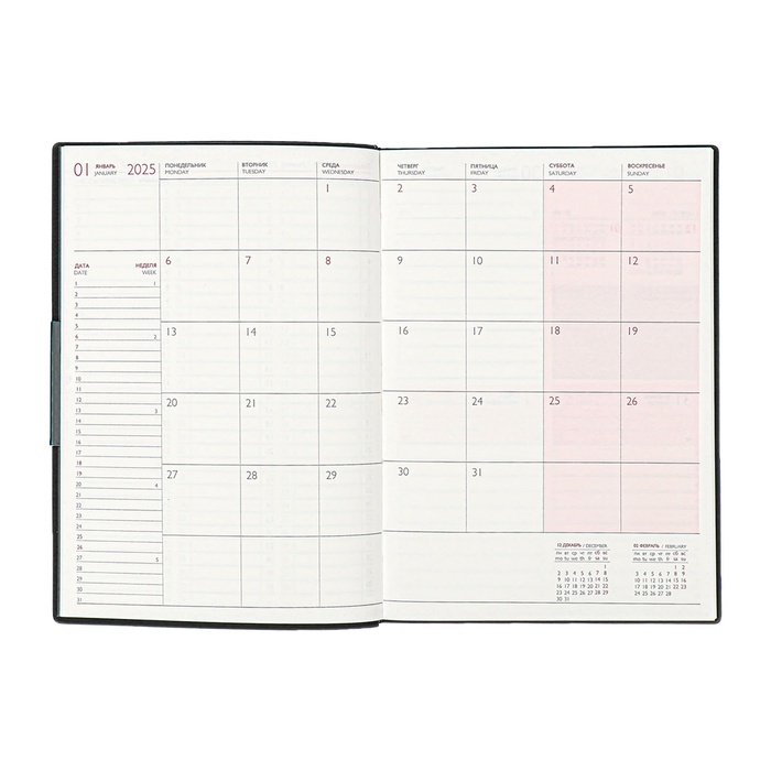 Еженедельник датир 2025г мягк обл иск кож А6+ 80л ESCALADA, тис ф, кр бл 70 г/м&sup2;, чёрный