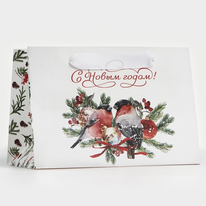 Пакет подарочный новогодний с широким дном &laquo;Снегири&raquo;, 20 х 14 х 13.2 см, Новый год