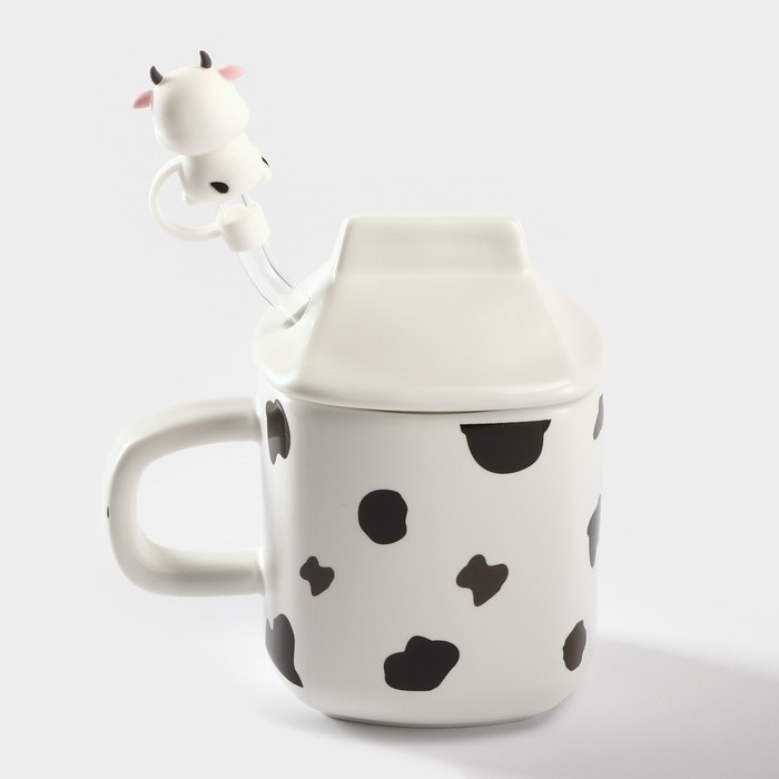 Кружка керамическая с крышкой и трубочкой Milk, 350 мл, цвет белый и чёрный