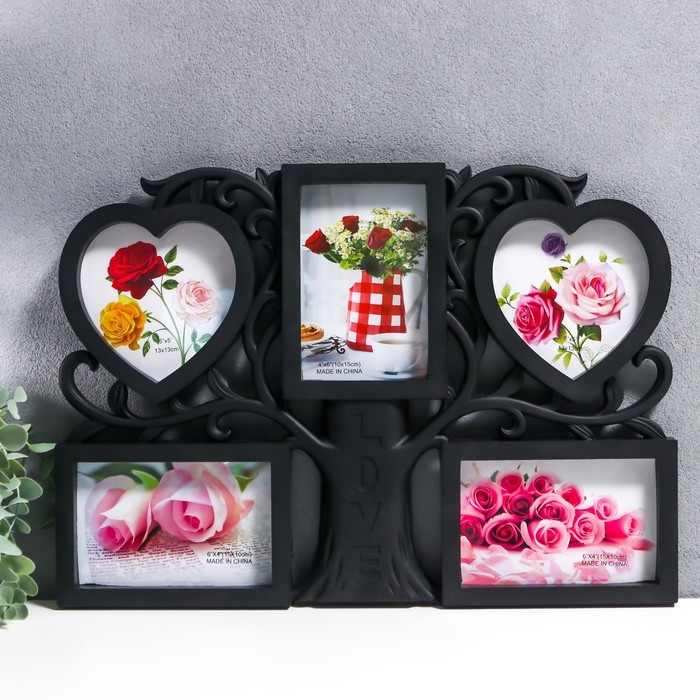 Фоторамка пластик на 5 фото 10х15 см, 12х12 см Фоторамка пластик на 5 фото 10х15 см, 12х12 см "Дерево жизни" чёрная 43х30,5 см