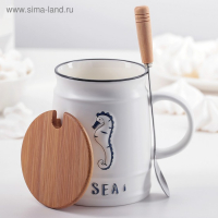 Кружка керамическая с деревянной крышкой и ложкой «Морская», 400 мл, рисунок МИКС Кружка керамическая с деревянной крышкой и ложкой «Морская», 400 мл, рисунок МИКС