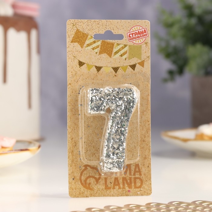 Свеча в торт &laquo;Блестки&raquo;, цифра "7", серебро, 6.5х4