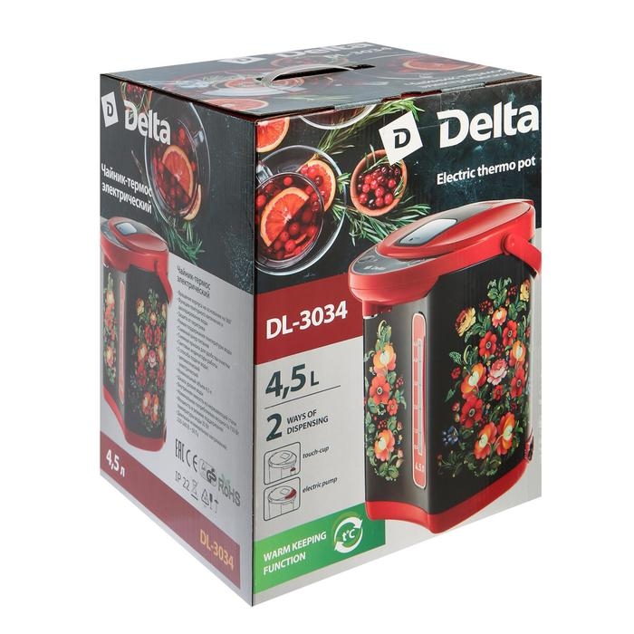 Термопот DЕLTA DL-3034, 4.5 л, 750 Вт, чёрно-красный с рисунком Термопот DЕLTA DL-3034, 4.5 л, 750 Вт, чёрно-красный с рисунком "Хохлома"