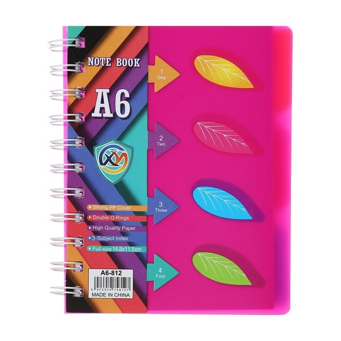 Блокнот на гребне А6, 100 листов, линия, обложка пластик, с разделителями "Листья", МИКС