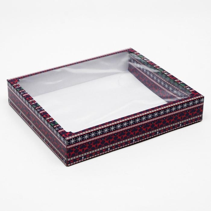 Новый год. Коробка сборная крышка-дно с окном, "Новогодний принт", 37 х 32 х 7 см.