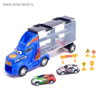 Гараж детский &laquo;Грузовик &laquo;Перевозчик&raquo;, 2 металлические машинки и дорожные знаки, МИКС