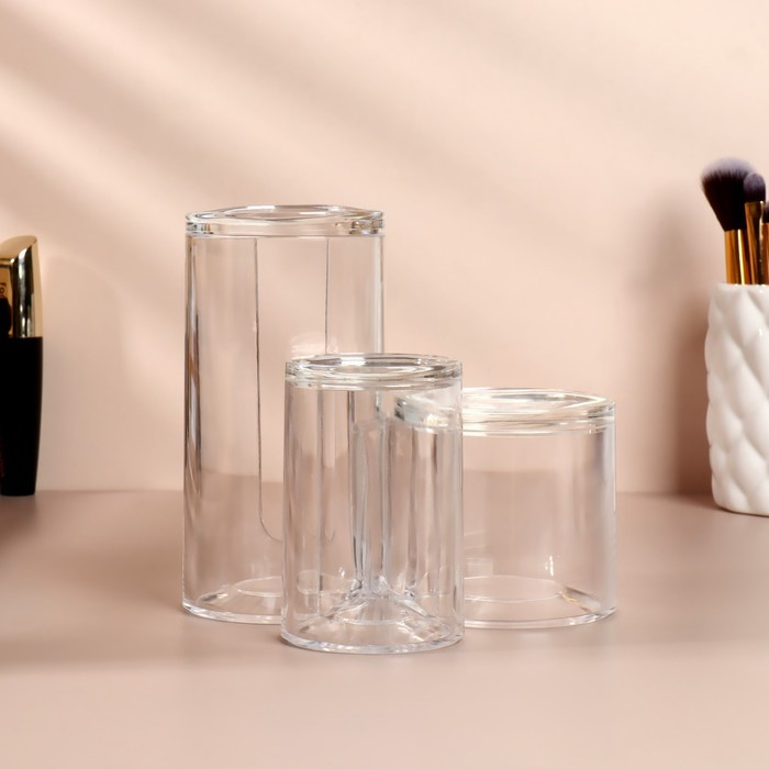 Органайзер для ватных палочек и дисков, с крышкой, 3 секции, 14 &times; 14 &times; 13 см, цвет прозрачный