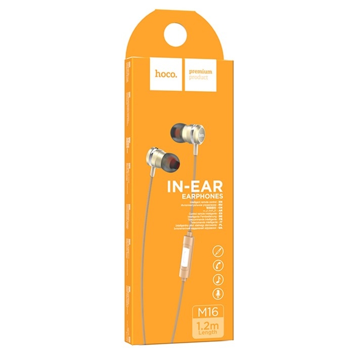 Наушники Hoco M16, проводные, вкладыши, микрофон, 1.2 м, золотистые Наушники Hoco M16, проводные, вкладыши, микрофон, 1.2 м, золотистые