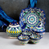 Набор чайный Риштан, 9 предм: чайник 1л., 6 пиал 9,5см, конфетница 23см, сахарница 250м Набор чайный Риштан, 9 предм: чайник 1л., 6 пиал 9,5см, конфетница 23см, сахарница 250м