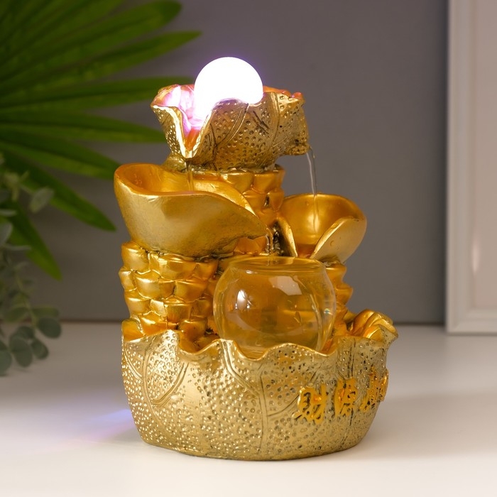 Фонтан настольный от сети, подсветка "Листья и слитки золота" золото 21х15х12 см