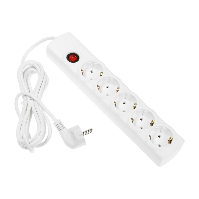Сетевой фильтр Luazon Lighting, 5 розеток, 3 м, 3500 Вт, 3х1 мм2, 16 A, 220 В, c предохранителем, белый
