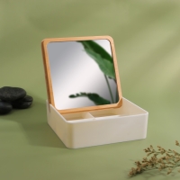 Бокс для хранения косметических принадлежностей, с зеркалом, 4 секции, 15 &times; 15 &times; 5 см, цвет белый/коричневый