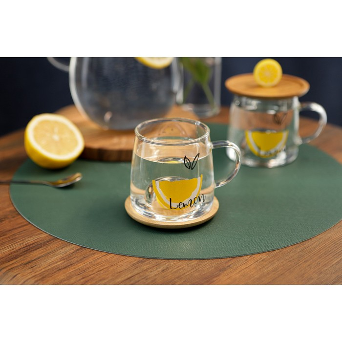 Кружка стеклянная с деревянной крышкой &laquo;Лимончик&raquo;, 350 мл