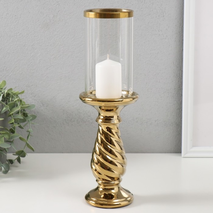 Подсвечник керамика, стекло на 1 свечу "Виток" d=7,5 см золото 9,5х9,5х32 см