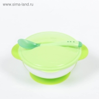 Набор для кормления, 3 предмета: миска 350 мл на присоске, крышка, ложка, цвет зелёный Набор для кормления, 3 предмета: миска 350 мл на присоске, крышка, ложка, цвет зелёный