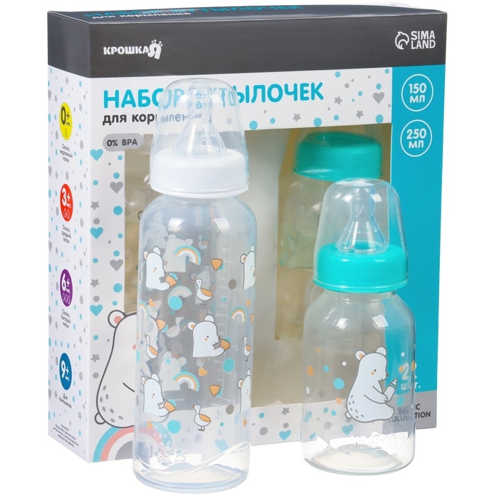 Набор бутылочек для кормления &laquo;Медвежонок&raquo; 150 и 250 мл, серия Basic, прямые, МИКС