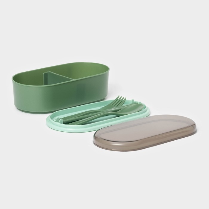 Ланч - бокс двухуровневый с крышкой &laquo;Милитари&raquo;, 17,5&times;9,2&times;6 см, 430 мл, 270 мл, столовые приборы, цвет зелёный