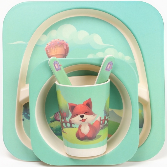 Набор бамбуковой посуды &laquo;Мельница&raquo;, 5 предметов: тарелка, миска, стакан, вилка, ложка