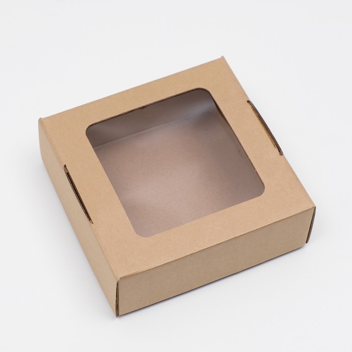 Коробка самосборная, с окном, крафт, бурая, 16 х 16 х 6 см