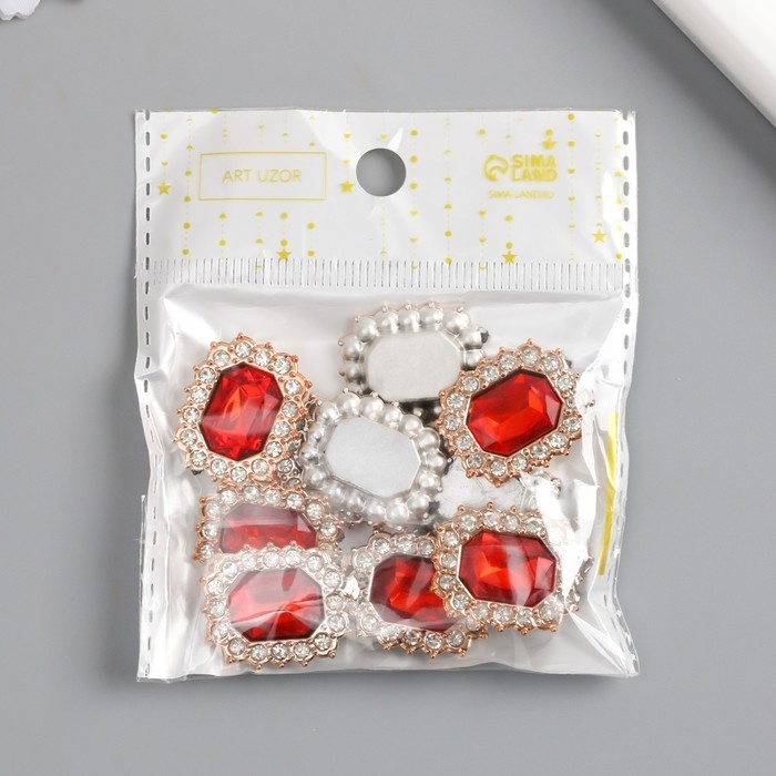 Декор для творчества пластик, стразы "Медальон восьмиугольный" н-р 10 шт рубин 1,8х2,4 см