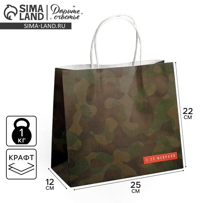 Пакет подарочный крафт, упаковка, &laquo;С 23 февраля&raquo;, 25 х 22 х 12 см