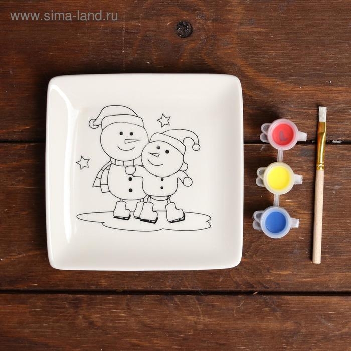 Набор тарелка под раскраску &laquo;Снеговички&raquo; краска 3 цв по 2 мл, кисть