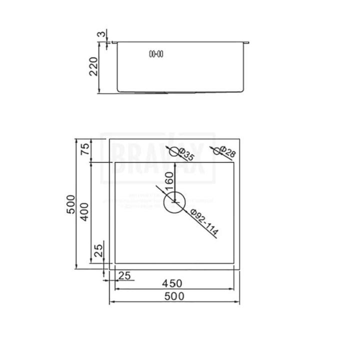 Мойка кухонная AFLORN AF95050, врезная, S=3,0 и 0,8 мм, 50х50х20 см, сифон, сатин