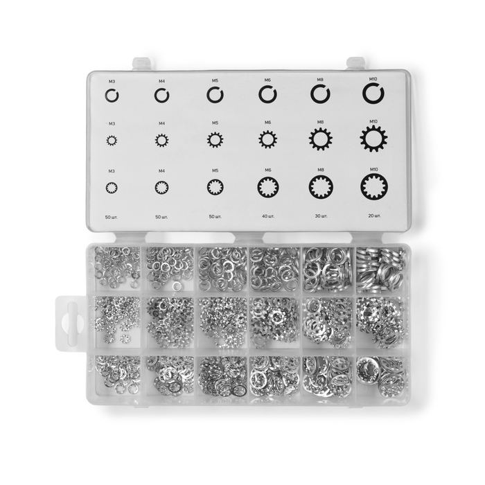 Набор гроверы и корончатые шайбы ТУНДРА krep, 720 предметов Набор гроверы и корончатые шайбы ТУНДРА krep, 720 предметов