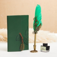 Набор подарочный 4в1 "Стимпанк": блокнот, перьевая ручка зеленая, чернила, наконечники