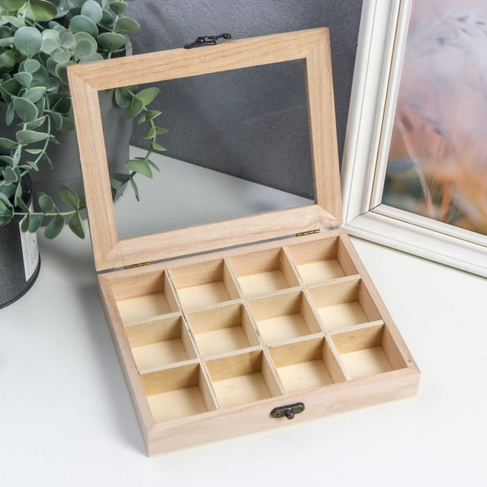 Шкатулка дер. под роспись Шкатулка дер. под роспись "Прямоугольная со стеклянной вставкой" 12 отделений 3,5х19х15 см
