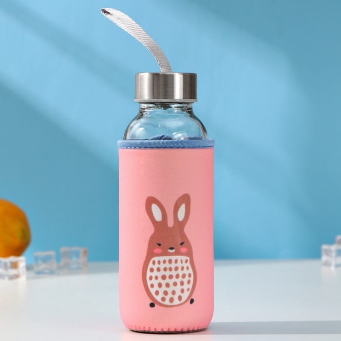 Бутылка для воды стеклянная в чехле &laquo;Весёлые зверята&raquo;, 300 мл, h=17 см, цвета МИКС