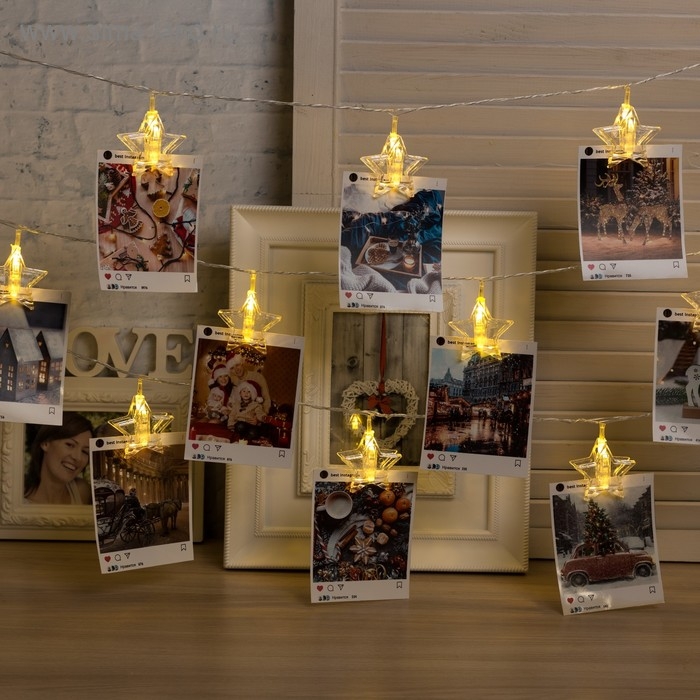 Гирлянда «Нить» 4.5 м с насадками «Прищепки-звёзды», IP20, прозрачная нить, 20 LED, свечение тёплое белое, 220 В Гирлянда «Нить» 4.5 м с насадками «Прищепки-звёзды», IP20, прозрачная нить, 20 LED, свечение тёплое белое, 220 В