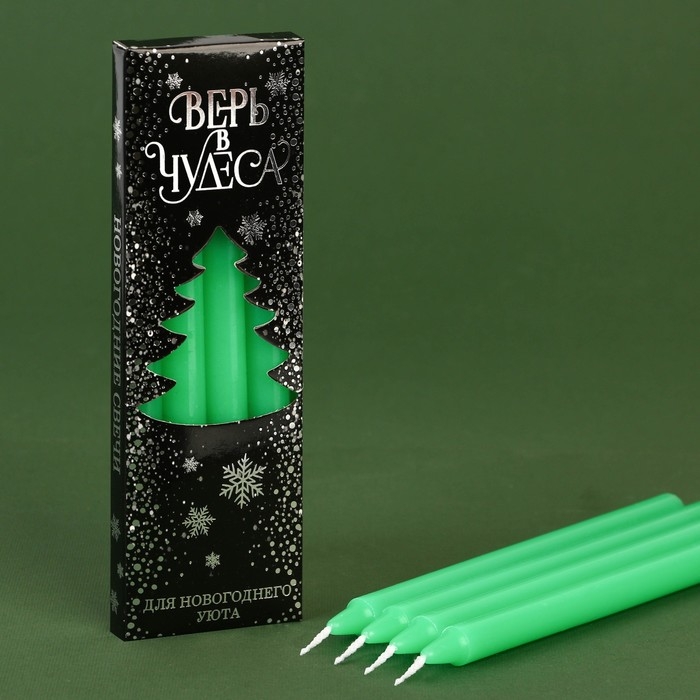 Новогодние восковые свечи «Новый год: Верь в чудеса», набор 4 шт., зеленые, 15 х 1 х 1 см. Новогодние восковые свечи «Новый год: Верь в чудеса», набор 4 шт., зеленые, 15 х 1 х 1 см.