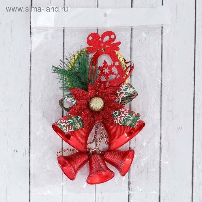 Украшение новогоднее Украшение новогоднее "Колокольчики на подвесе с цветком и веточкой" 12х30 см, красный