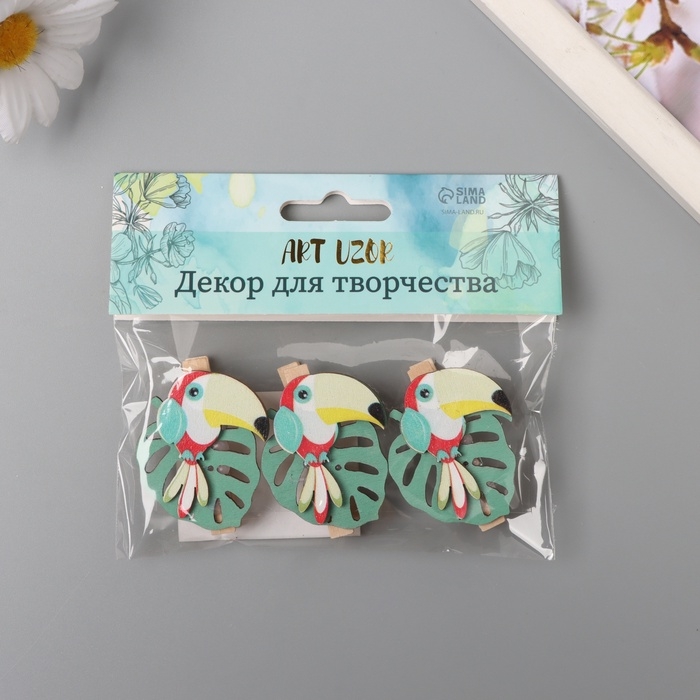 Декор для творчества дерево Декор для творчества дерево "Прищепка. Спящий тукан на листе" набор 3 шт 1,3х3,3х4,5 см