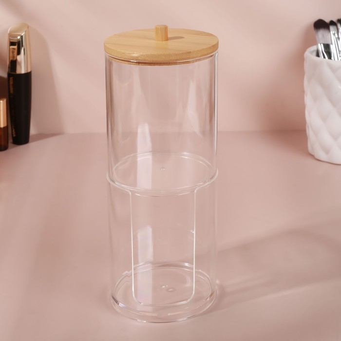 Органайзер для ватных палочек и дисков &laquo;BAMBOO&raquo;, с крышкой, 2 съёмные секции, 7 &times; 18,5 см, в картонной коробке, цвет прозрачный