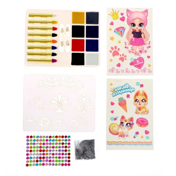 Грим для лица и тела, 8 карандашей, 8 цветов + 2 аппликатора, тату, трафареты &laquo;Модница&raquo;