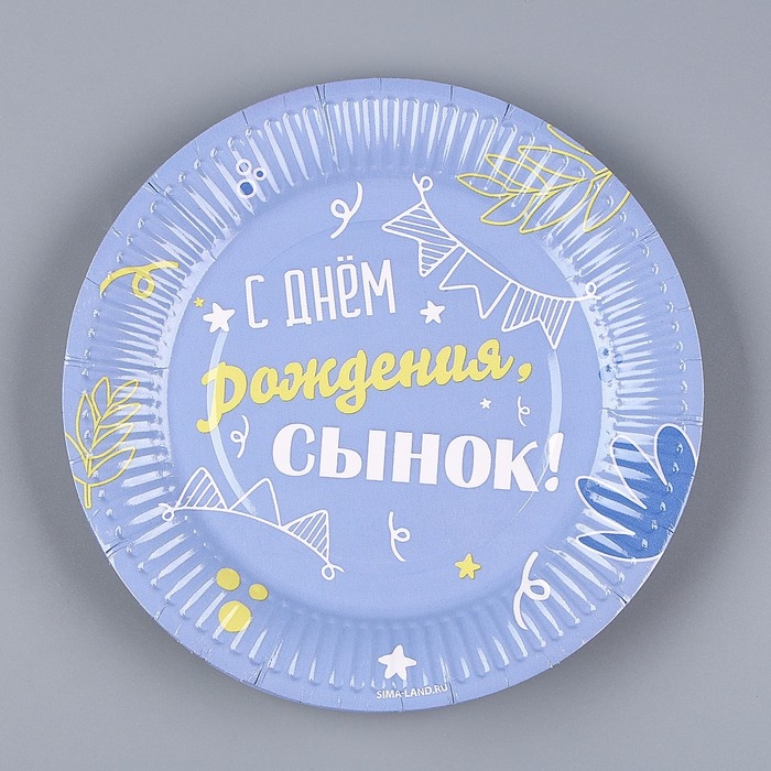 Набор бумажной посуды одноразовый С днём рождения, сынок&raquo;: 6 тарелок, 1 гирлянда, 6 стаканов, 6 колпаков